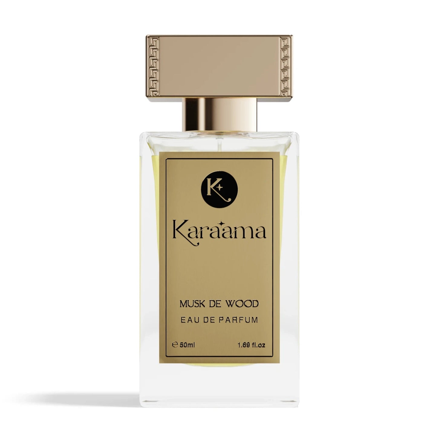 Perfume bottle with gold cap and label on a white background